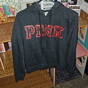 Pink Gray Zip Up Hoodie with Red Lingo Size Small